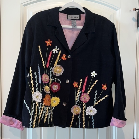 Vintage black floral wearable art blazer jacket sz XL boho hippie mixed media - Picture 2 of 9